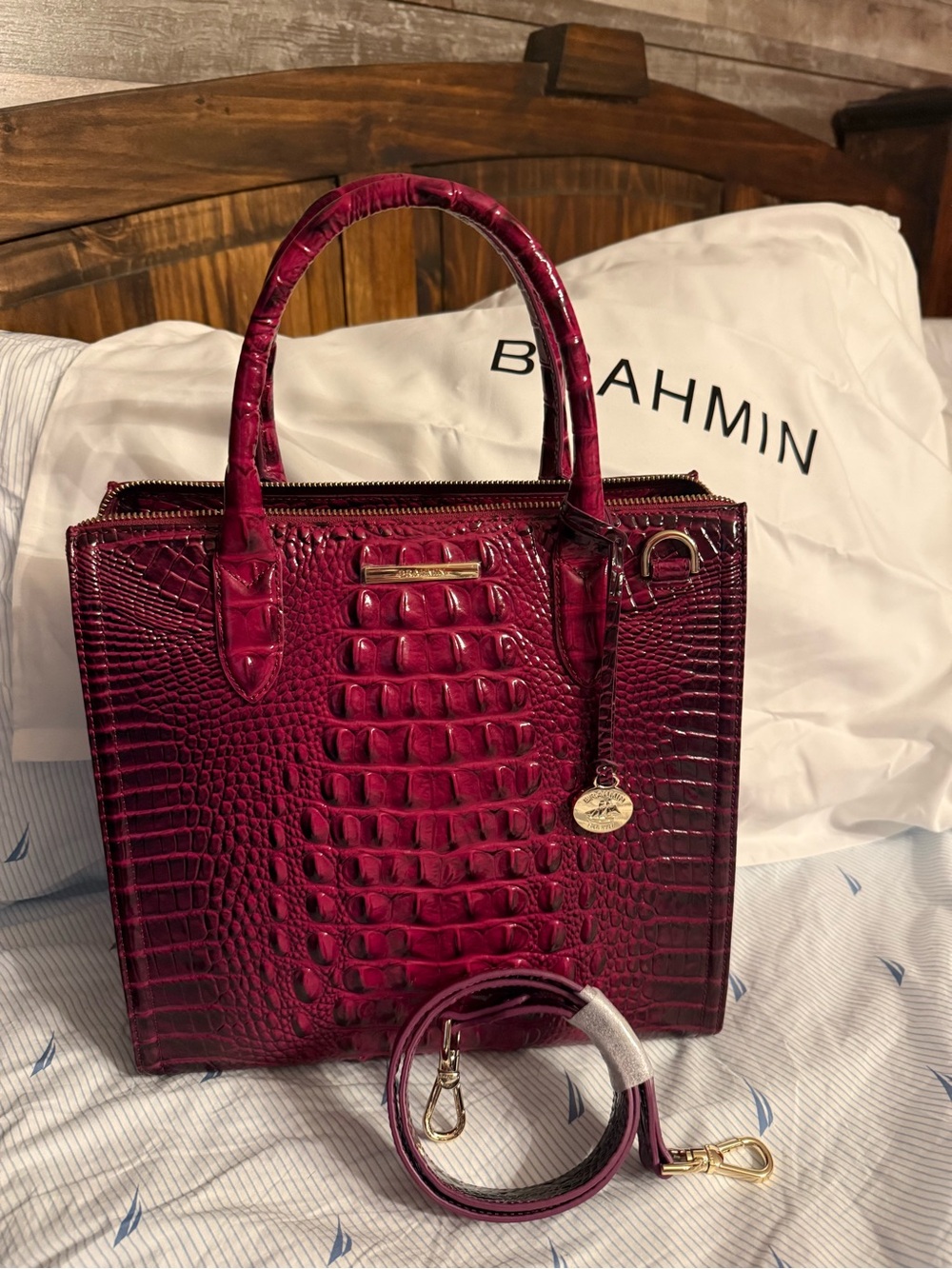 Brahmin Croc-Embossed Satchel in Deep Berry